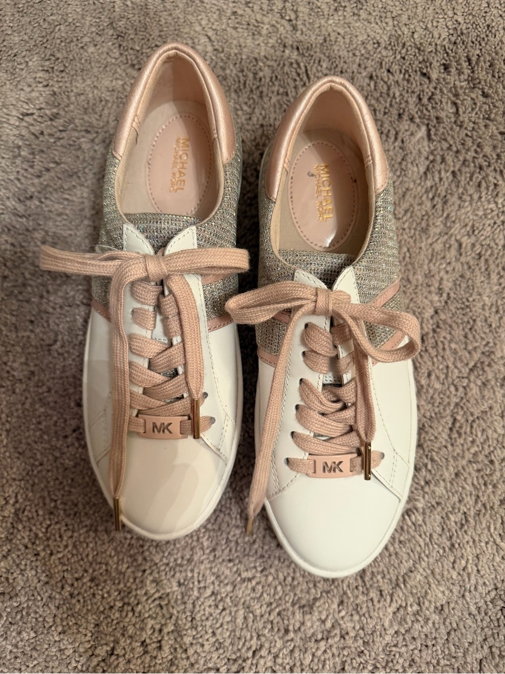 Michael Kors White and Blush Leather & Fabric Lace-Up Sneakers